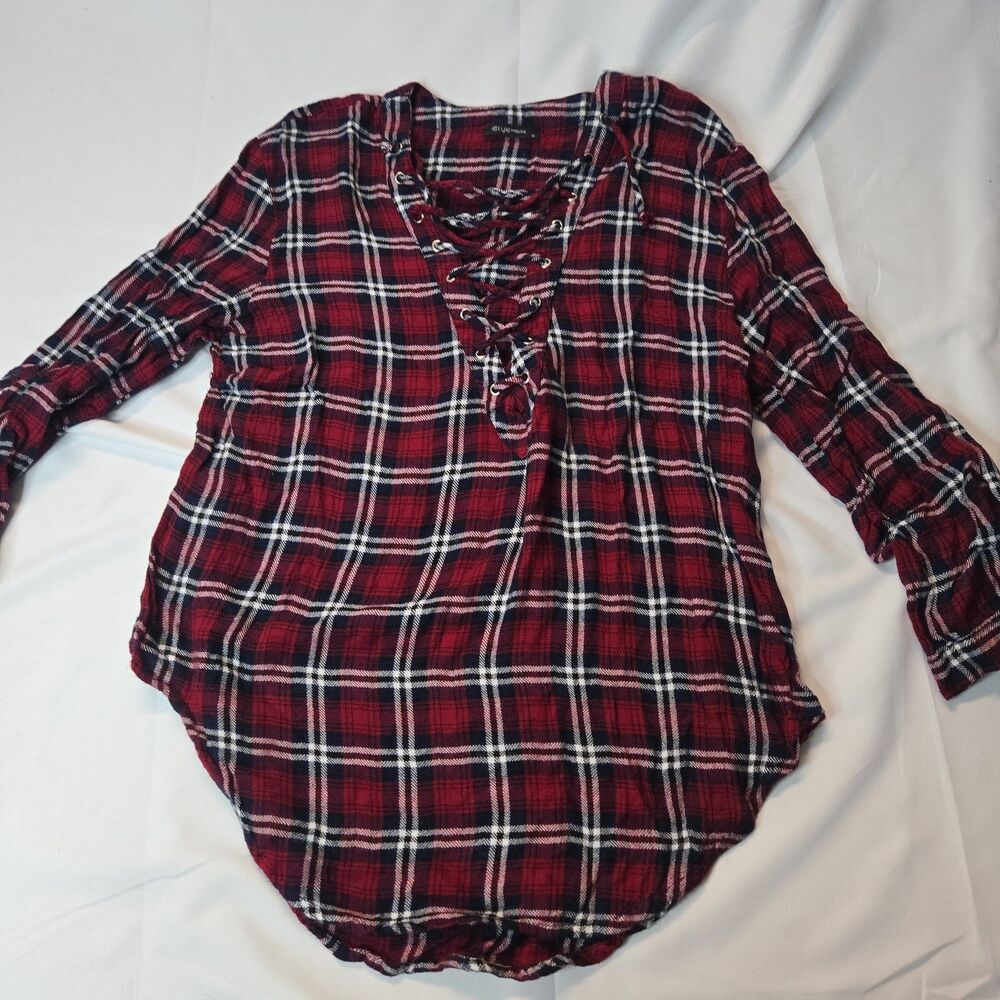 Plaid Lace Up Top for Women S Red Y2K Sexy Peasant 90s Rockabilly 100% Rayon